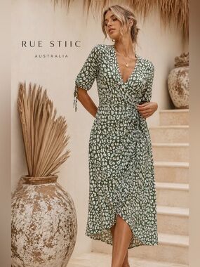 Rue Stiic Green White Abstract Print Wrap Midi Dress XS Made in Bali